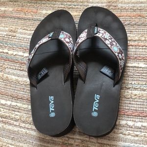 Brown Teva Sandals with Blue Floral Design